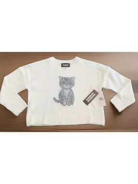 Weekend Academy Girls Pullover Graphic Print Sweater Sz M(7-8) Cat Kitten Ivory